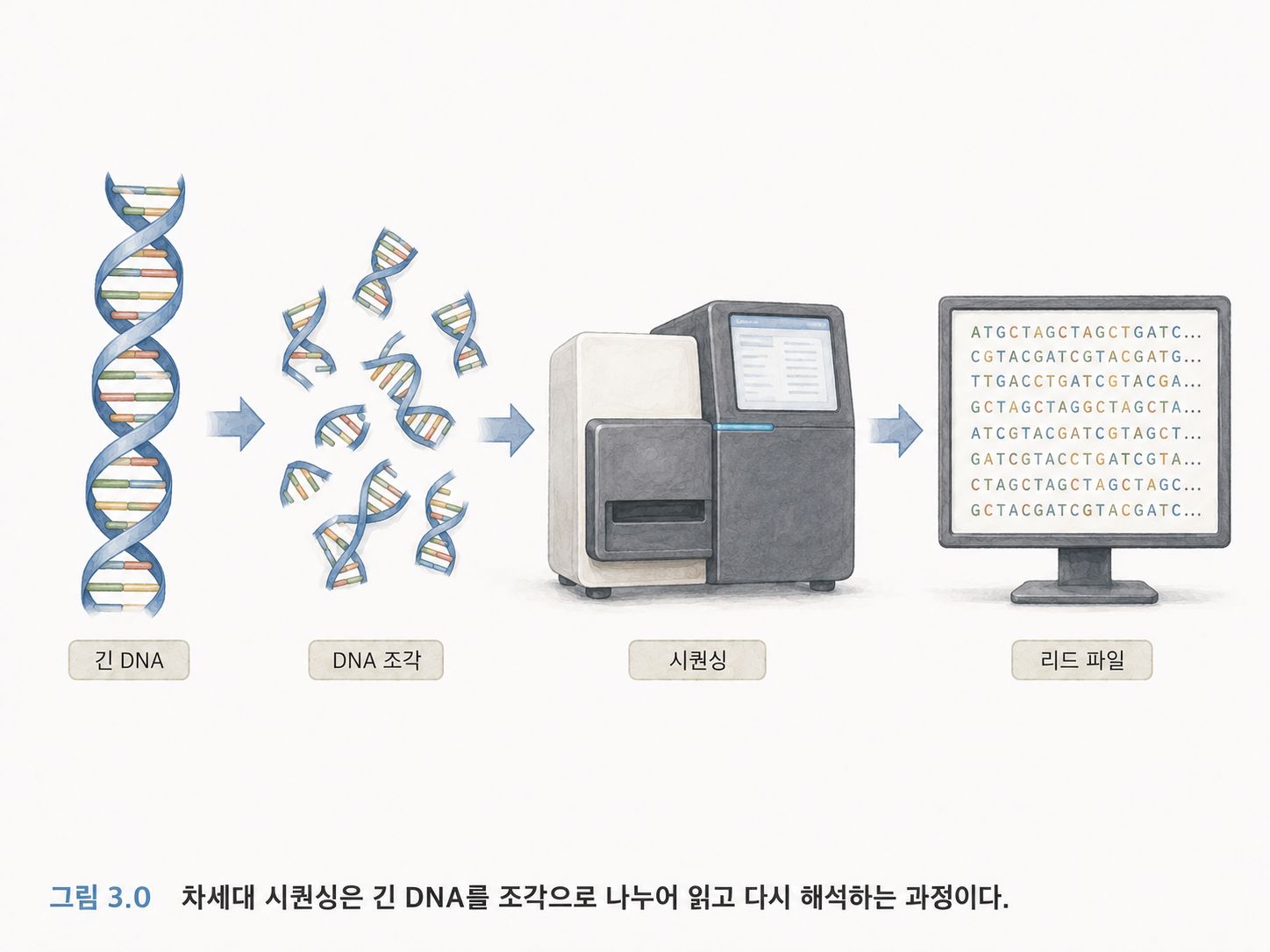 그림 3.0 차세대 시퀀싱은 긴 DNA를 조각으로 나누어 읽고 다시 해석하는 과정이다