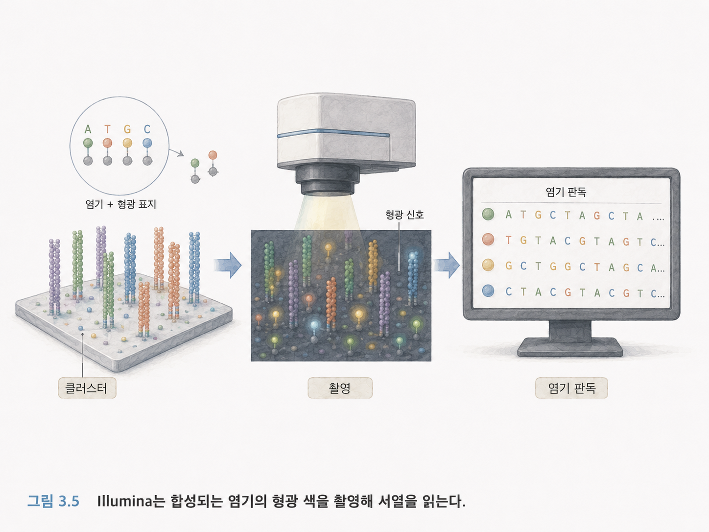 그림 3.5 Illumina는 형광 신호를 한 주기씩 읽어 염기서열을 해독한다